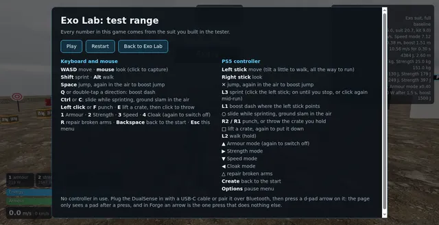 The test range game with its controls